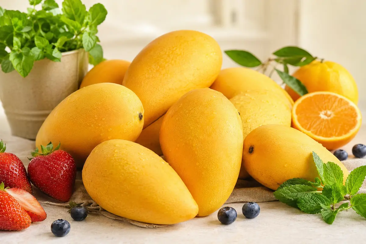 Fresh mangoes, seasonal fruit and herbs available from Sunday Bazaar farm vendors